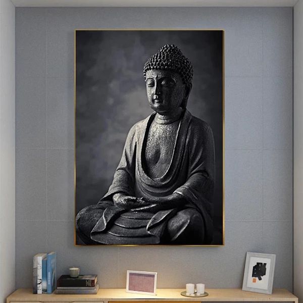 Dipinti di Buddha in bianco e bianco stampati su tela Home Decor Stampa immagini per soggiorno Wall Art Poster