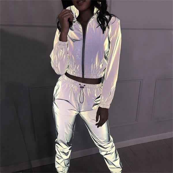 

fashion reflective two piece set new women s sports sweater jogging casual sports trousers women s sports zipper suit pants t200704, White
