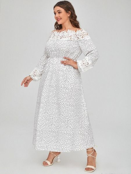 

plus polka dot print off shoulder appliques dress i2q6#, Black