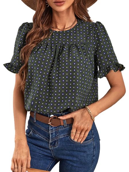 

allover print flounce sleeve blouse f24u#, White