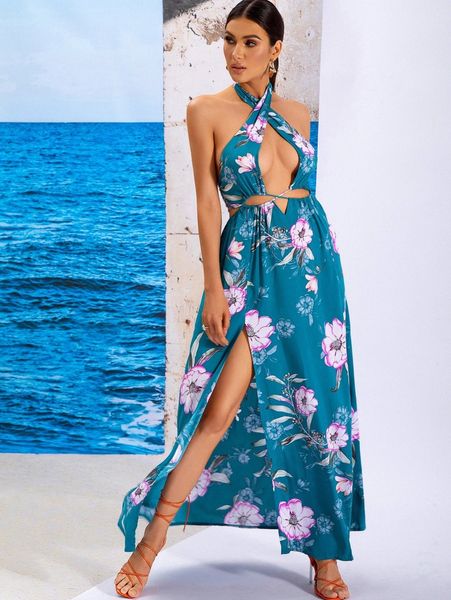 

floral print split thigh dress j1dk#, Black;gray