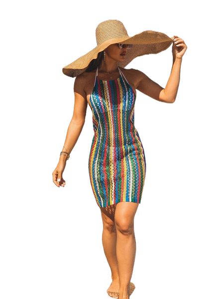 

striped hollow out halter cover up t6z5#, White;black