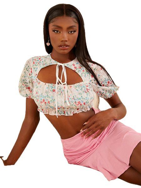 

newness ditsy floral puff sleeve cutout front schiffy crop a7ty#, White