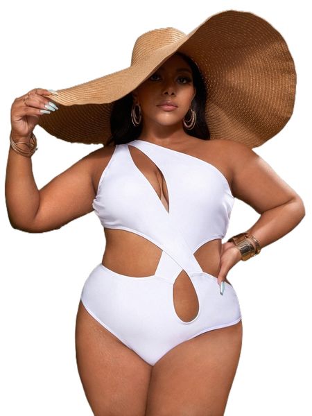 

plus one shoulder cut out one piece swimsuit z6ik#, White;black