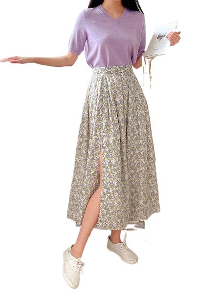 

dazy allover floral print split hem skirt l78a#, Black