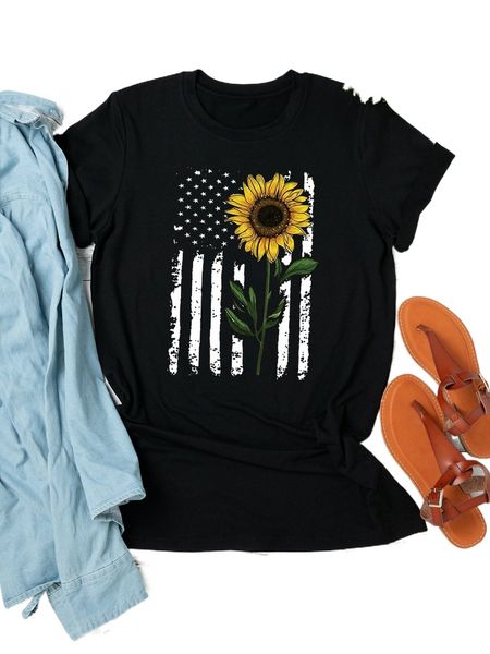 

plus american flag & floral print tee d7fp#, Black