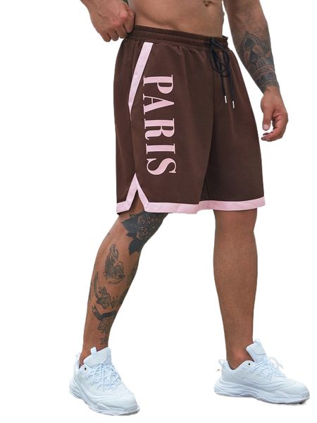 

extended sizes men letter graphic drawstring waist contrast trim shorts v8pw#, White;black