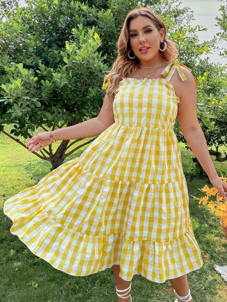 

plus gingham print ruffle hem cami dress v5gd#, Black