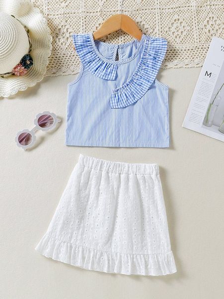 

toddler girls striped ruffle trim & eyelet embroidered skirt she, White