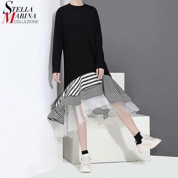 

new women autumn black trumpet dress patchwork ruffle striped hem long sleeve stylish lady cute midi casual dress robe 2048 y200102, White;black