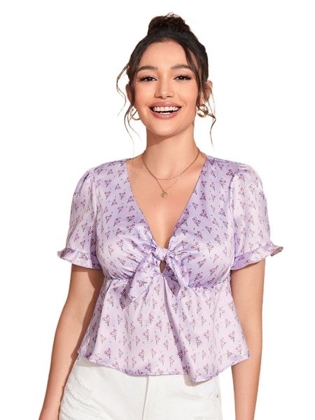 

x marigol f.loral p.rint p.uff s.leeve knot f.ront peplum b.louse r0er#, White