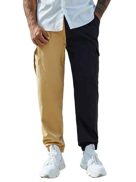 

extended sizes men color block flap pocket pants g5ul#, Black