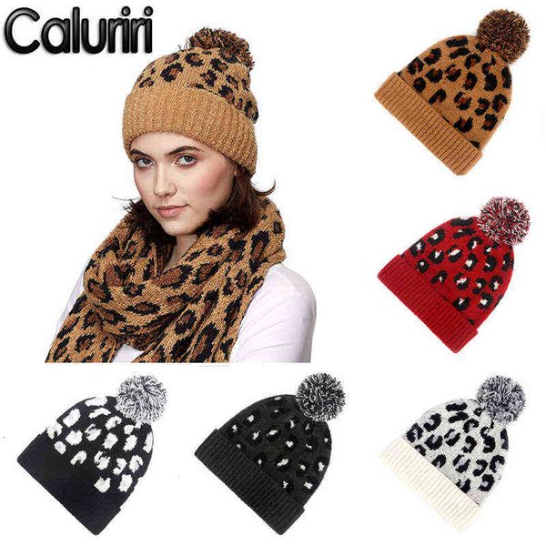 

caluriri knitted beanie hat leopard pattern acrylic winter warm hat gorros beanie cap ski knitted skull beanie hat with pompom j220722, Blue;gray