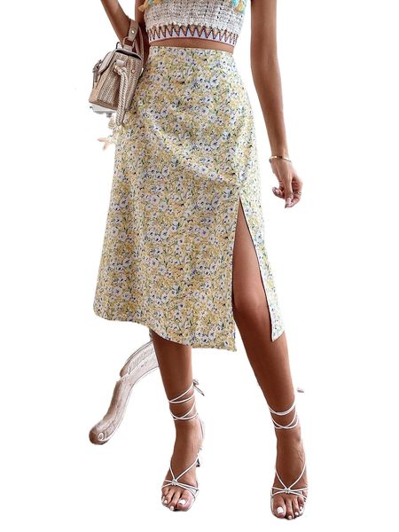 

floral print split thigh skirt e6v0#, Black