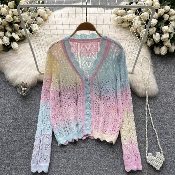 Damen Polos Koreanische Herbst Farbe Kontrast Langarm Frauen Stricken Top Hemd 2022 Mode V-ausschnitt Einreihige Taste Strickjacke Mantel weiblicheWo