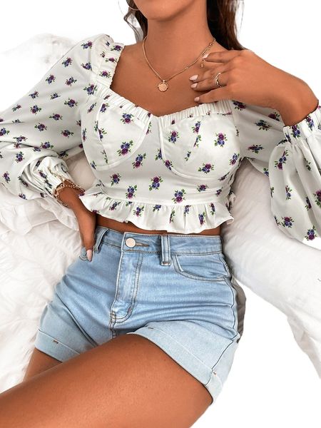

floral sweetheart neck crop 770a#, White