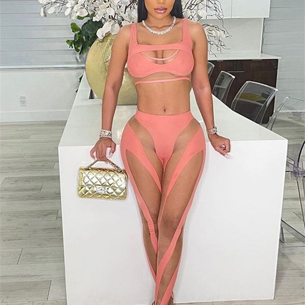 

kliou mesh patchwork two piece set women skinny hole sleeveless vest+mid waist see through leggings high street attirewear suits 220510, White