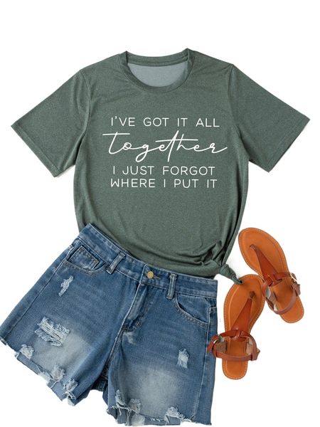 

plus slogan graphic tee without denim shorts 896l#, Black