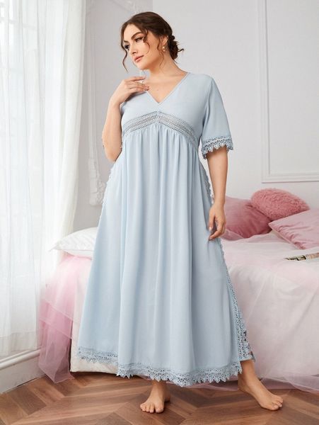 

plus v neck contrast guipure lace nightdress x8ee#, Black;white