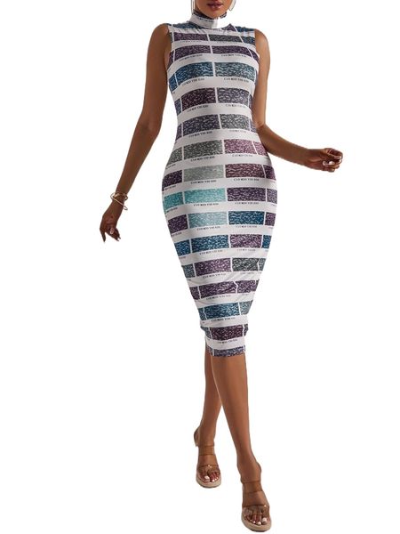 

letter & graphic print mock neck bodycon dress m3o4#, Black;gray