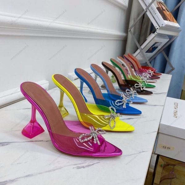 Lüks Tasarımcı Amina Muaddi sandalet Yeni şeffaf Begüm Cam Pvc Kristal Şeffaf Arkası Açık Topuk Sandalet Topuk Pompaları 100mm kristal süslemeli terlik 9 renkli ayakkabı