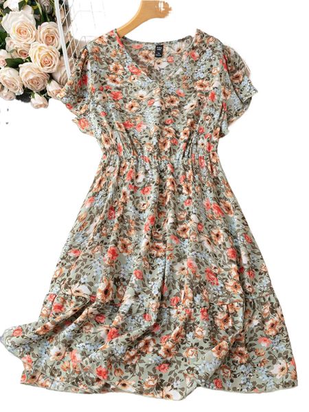 

plus floral print butterfly sleeve ruffle hem dress v3rh#, Black