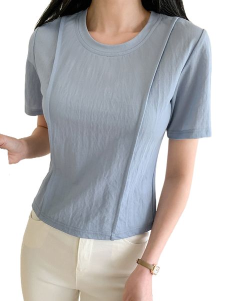 

dazy fold pleated round neck tee j3on#, White