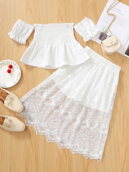 

girls off shoulder puff sleeve shirred & embroidered mesh skirt she, White