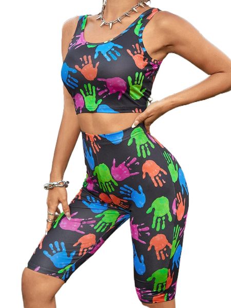 

hand print tank & biker shorts c9zu#, White