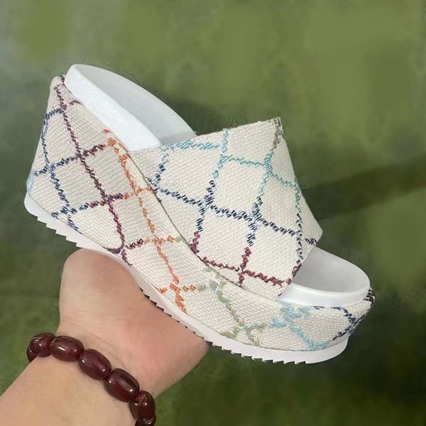 

designer slippers ladies sandals 2022 new products jacquard embroidery thick bottom wedge heel heightening set foot women's slippers fl, Black