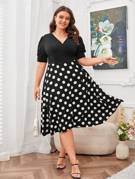 

plus polka dot print surplice front knot side dress l4hw#, Black