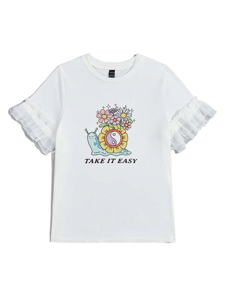 

x the creative witch floral & snails print contrast mesh ruffle trim tee 76yb#, White