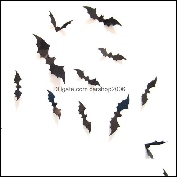 Adesivi murali Decorazioni per la casa Giardino Three-Nsional Pvc 12 pezzi Pipistrello nero Farfalla Halloween Bambini Dhql1