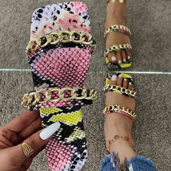 

slippers large size women's shoes summer flip flops metal chain snake print beach ladies square toe female slides 220530, Black