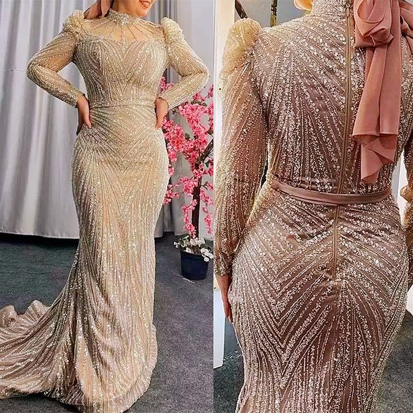 

2022 plus size arabic aso ebi muslim mermaid luxurious prom dresses sheer neck evening formal party second reception birthday engagement gow, Black