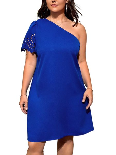 

plus one shoulder solid dress b3da#, Black