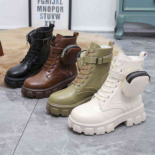 

new women thick-soled leather boots casual fashion lace-up high nylon pouch heels flats booties 220815, Black