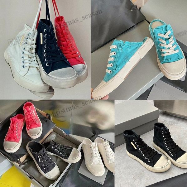 

2022 classic fashion vintage distressed old canvas shoes paris high wash effect vulcanized sole half slippers black white red couple rubber