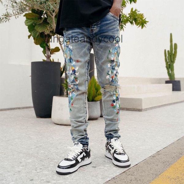 

jeans amirs designer jean mens pant 22 european goods high street wash water blue waist fruit flower patch hole patch slim fit jeans men