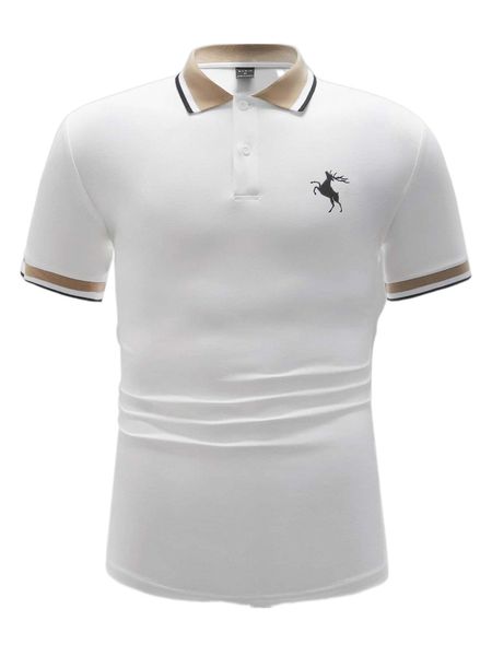 

men deer print contrast collar polo shirt j8ga#, White;black