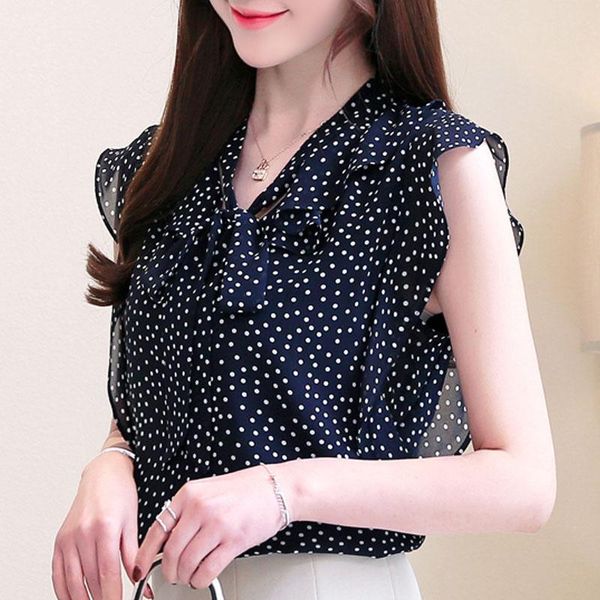 

women's blouses & shirts women and fashion2022 ladies harsjuku shirt chiffon blouse sleeveless bowpolka dot v-neck 4126 50women's, White