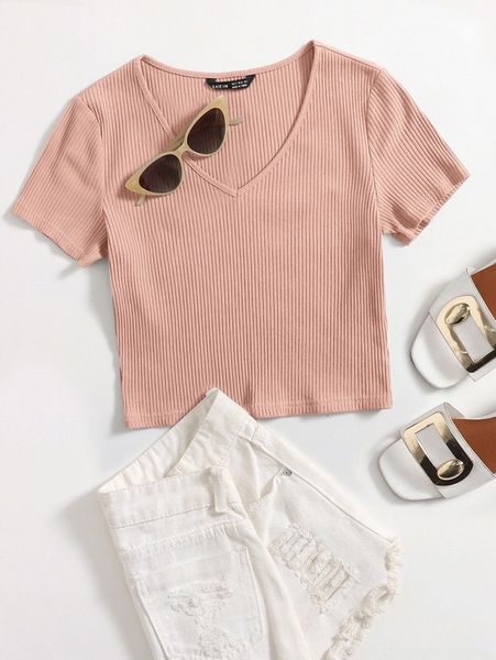 

v-neck rib-knit q7ib#, White