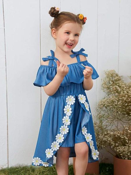 

toddler girls appliques cold shoulder ruffle hem romper she, Blue