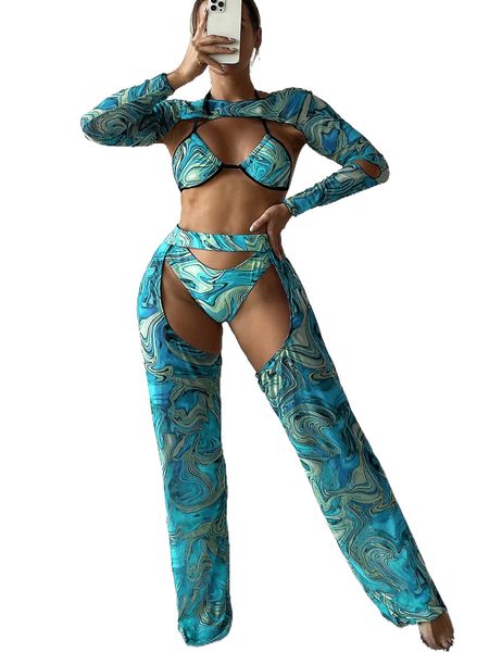

4pack allover print halter bikini swimsuit & cover up with pants x39p#, White;black