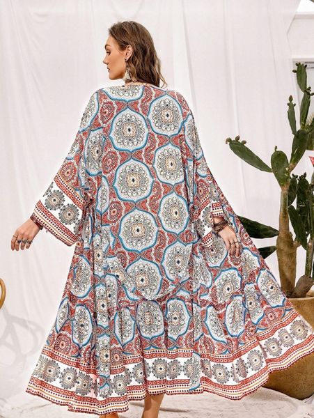 

rusttydustty plus mandala print batwing sleeve kimono n40v#, Black;gray