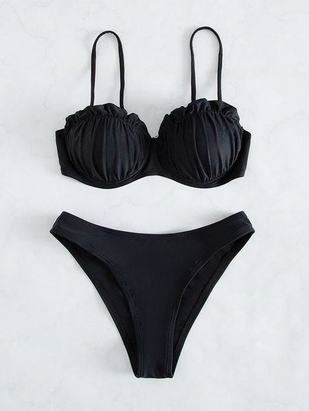 

frill trim underwire bikini swimsuit v0up#, White;black