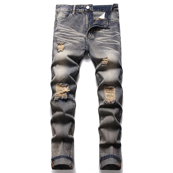 Jeans da uomo strappati dritti sottili 2022 Pantaloni in denim stile hip-hop bronzo Moda Casual Taglia 28-40 Streetwear Vaqueros de hombre