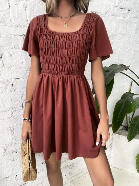 

solid shirred bodice dress z6r9#, Black;gray