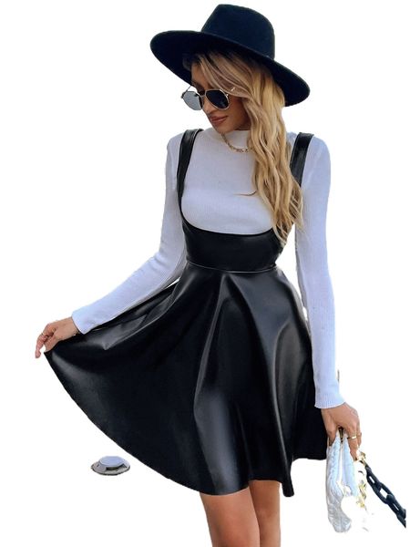 

flare hem pu leather overall dress without tee f53j#, Black;gray