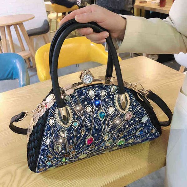 

peacock handle bags women luxury designer diamond leather handbags brand summer sac female rhinestone shoulder big bag 220427